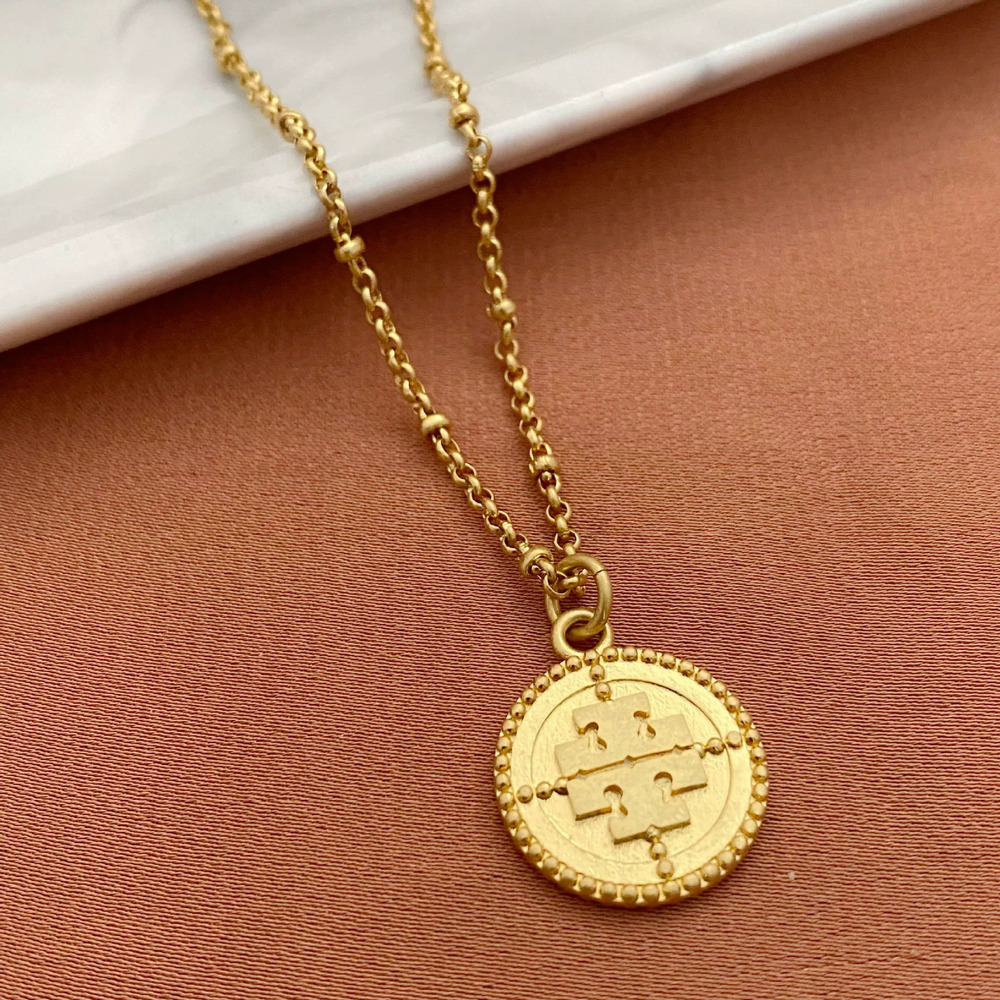 Tory Burch Vintage Geometric Letter Circle Pendant Necklace Metal Design